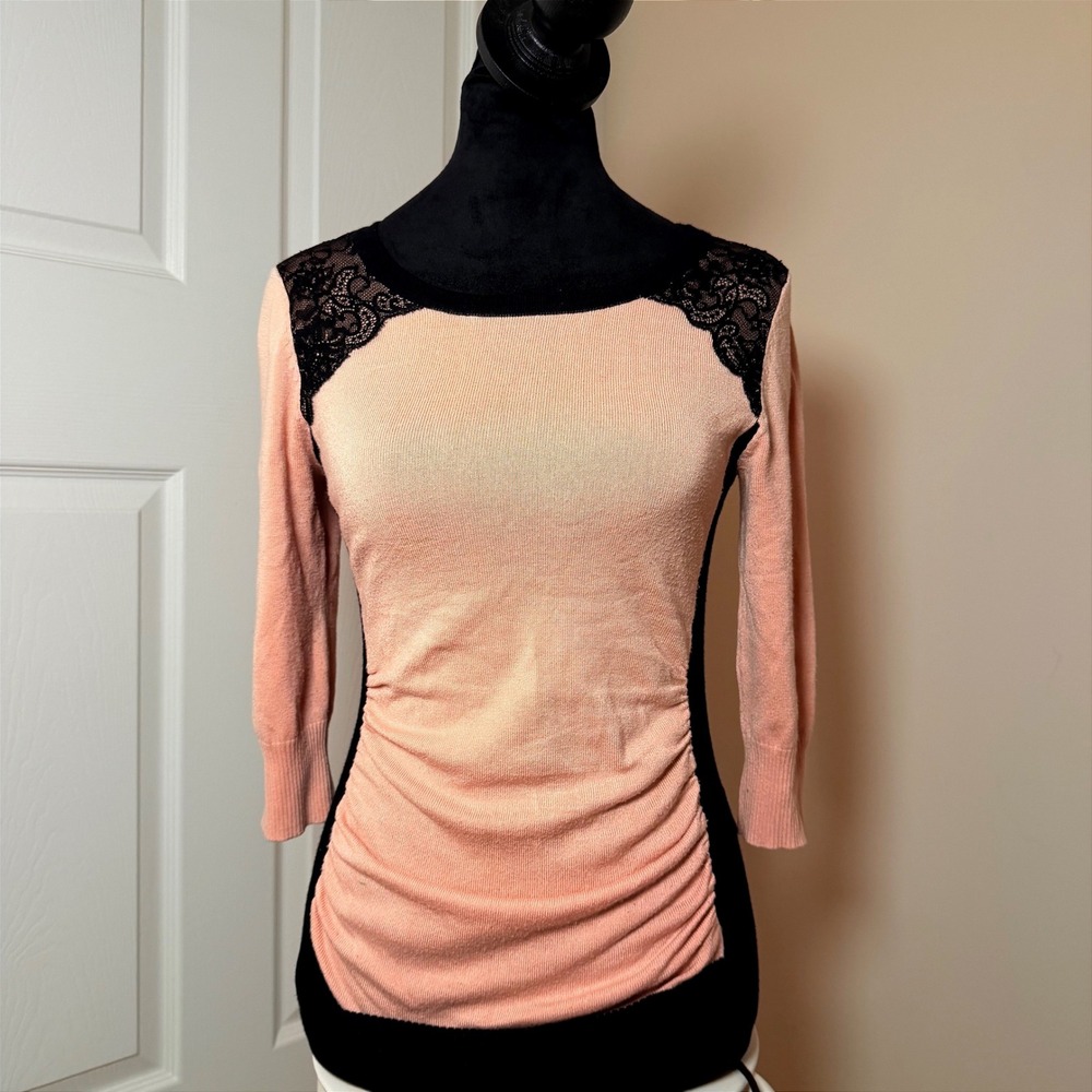 VTG Y2K Iz BYER Pink Black 3/4 Sleeve Sweater Lace Pullover Top Knit SZ S